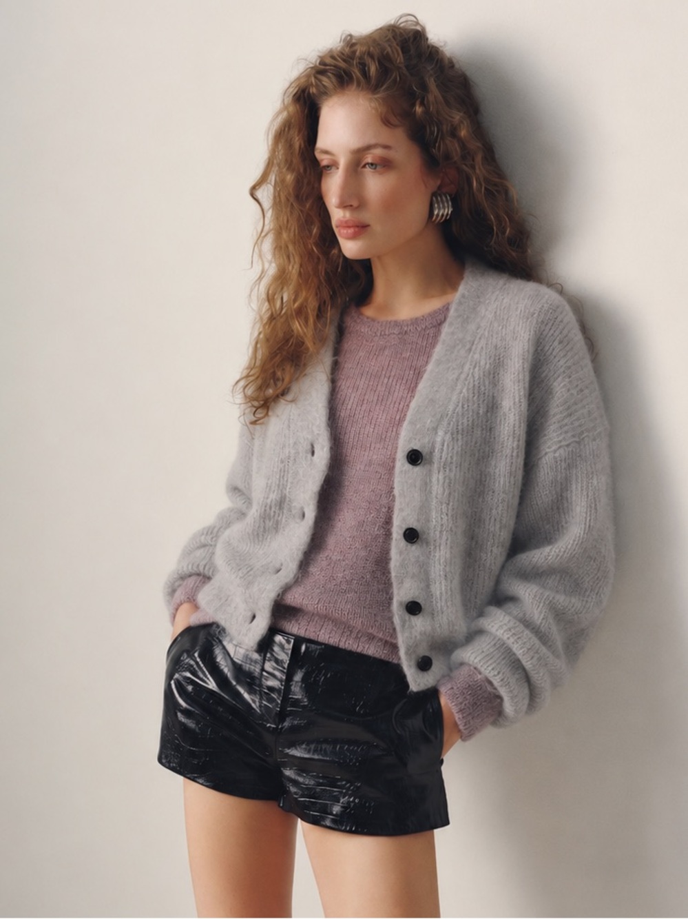 AE 77 Alpaca Blend Oversized Cardigan Grey Ribbed Knit V-Neck Cropped Sweater